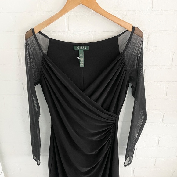 Lauren Ralph Lauren Mini dress Faux wrap V neckline Sheer Mesh long sleeve Sz 8 - Picture 4 of 11